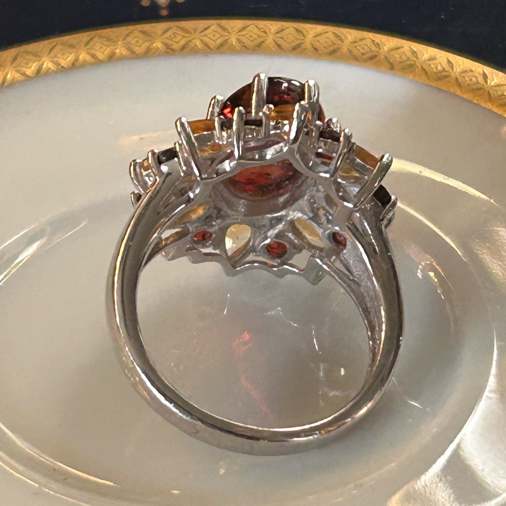 Vintage Baltic Amber Citrine & Garnet Sterling Silver Cocktail Ring - Picture 6 of 15